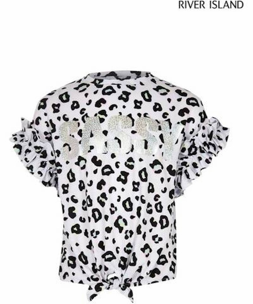 River Island Girls Lilac Leopard Print Tie Knot Front T-Shirt