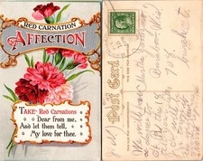 Red Carnation Affection Poem Floral Embossed Postcard