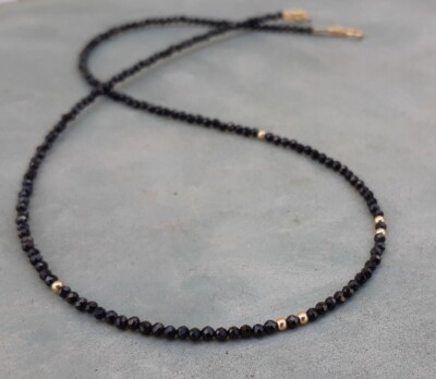 A+ Black Spinal Faceted Round Gemstone Gold Filled Beads Handmade Necklaces 24''