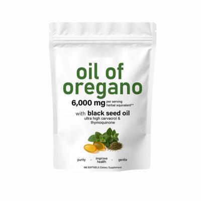 Oregano Oil Capsules 180 Softgels 6000mg Per Serving with Black Seed Oil.