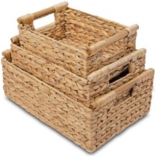 VATIMA Hyacinth Wicker Basket Set 3 size - Rectangular Wooden Handles, Shelf