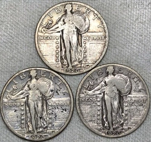 1926 P D S Standing Liberty Quarters VF VF & F+, respectively.  Free Shipping.
