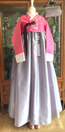 Ensemble robe traditionnelle coréenne Hanbok - haut violet et jupe grise / jupon et sac - Photo 3/24