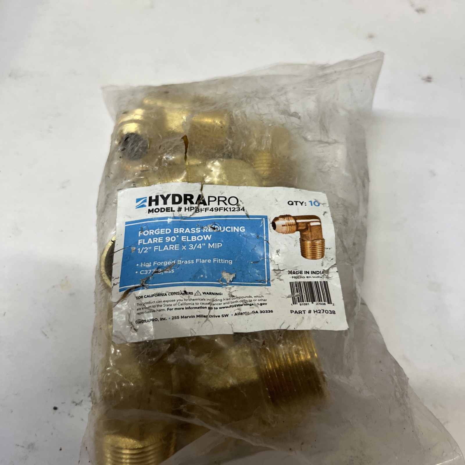 HydraPro Forged Brass Flare Fitting 90° Elbow 1/2” X 3/4” MIP Qty 10