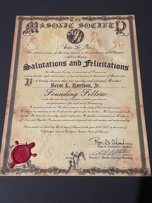 The Masonic Society Certificate Convention Of Freemasons FOUNDING FELLOW Signed