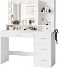 Vanity Desk with Mirror, Power Outlet and 10 Lights, Makeup Table with 4 Drawers