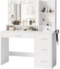 Vanity Desk with Mirror, Power Outlet and 10 Lights, Makeup Table with 4 Drawers