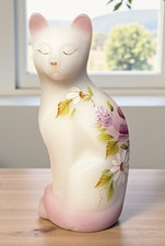 Fenton Opal Satin Burmese Tall Flower Cat Signed Original Tag