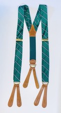 Vtg Polo Ralph Lauren Silk Suspenders Green Stripes Repp Solid Brass Leather