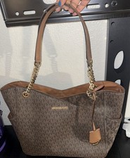 Michael Kors Brown Monogram Logo Tote Bag Gold Chain Shoulder Straps Large Charm