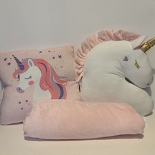 Unicorn 3 Pc Bedding Set Pink Throw Pillow Plush Head Pillow Fuzzy Blanket