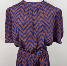 Vintage 80s Midi Dress Womens Medium Chevron Stripe Cobalt Blue Puff Sleeve Belt