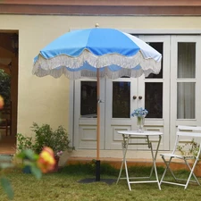 LAGarden 6Ft Fringe Patio Umbrella  Vintage 50/60s Outdoor Blue,Model: PS6-03