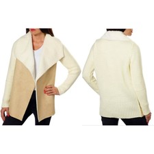 Nwt Fever Women's Beige/tan Cascade Collar Faux Suede Sherpa Knit Jacket Small
