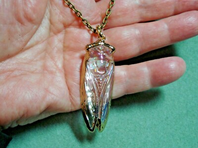 Glass Iridescent Cicada on 24'' Chain Necklace, Symbol of Survival & Defiance