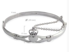 925 Solid Sterling Silver Irish Claddagh Heart Hinged Bangle Bracelet