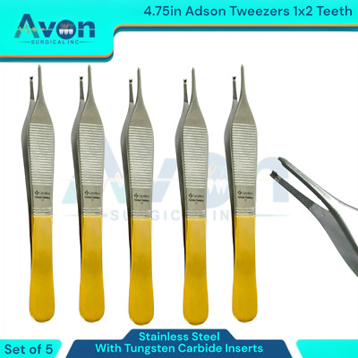 Gold Handle 1x2 Teeth Adson Tissue Forceps, 4.75in, w/ TC Inserts - German Steel