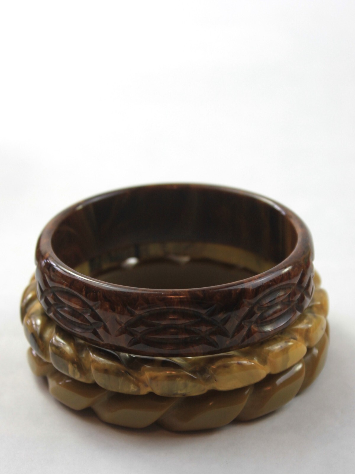 Bakelite Bangle Stack Set Avocado Spinach Brown S… - image 1