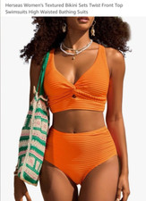 Womens Bikini Sets Twist Front Top Swimsuits High Waisted Textured Orange XL