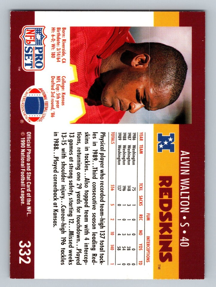 1990 Pro Set #332 Alvin Walton Washington Redskins | eBay