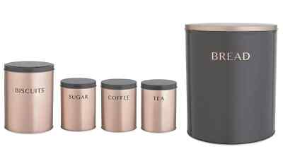 5pc Kitchen Storage Set Rose Gold Bread Bin Biscuit Tea Coffee