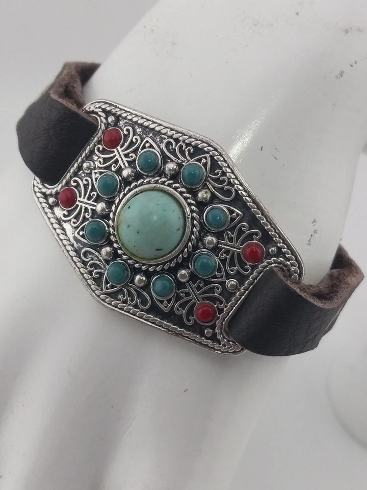 Pulsera LUCKY BRAND Diseño Piedras Azules Rojas Cuero Marrón Tono Plata/Dorado  Foto 2 de 4