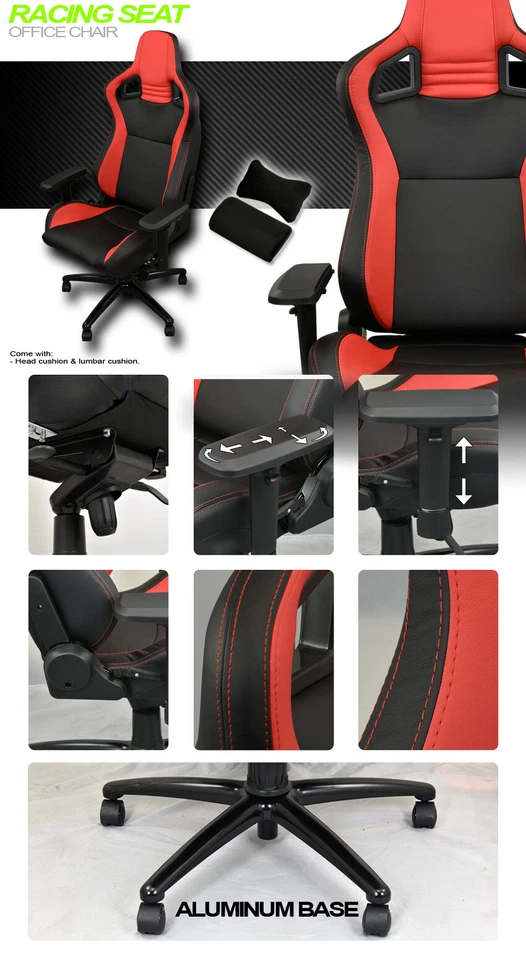 Negro/Rojo Puntadas Pvc Cuero MU Carreras Cubo Asiento Juego Oficina Silla Vl01 Foto 2 de 2