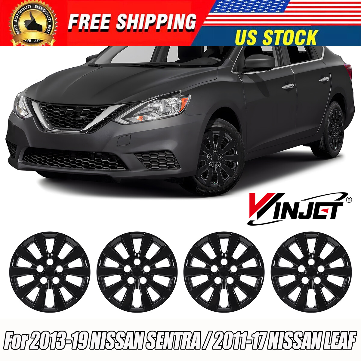 2013-2019 Nissan Sentra 16 Inch Black Snap-On Hubcaps Set of 4