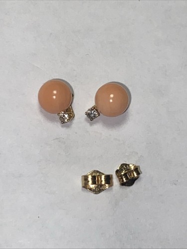 Pierced Earrings Diamonds And Angel Skin Coral Vintage 14k Yellow Gold Dainty - Picture 2 of 15