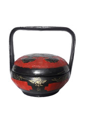old Chinese Peranakan Wedding Basket Hand Painted Black Lacquer Red Bamboo
