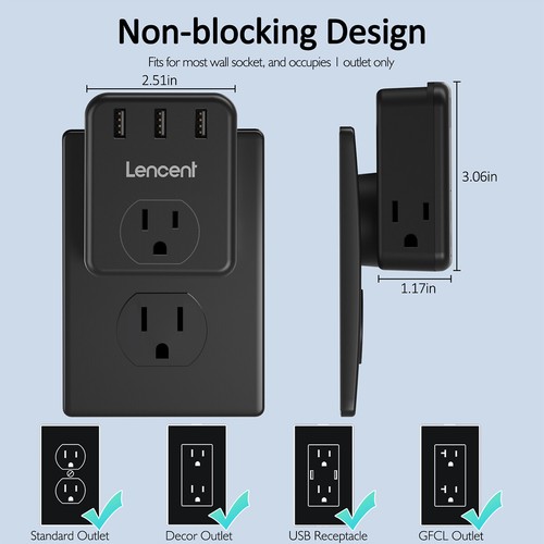 2 Pack LENCENT Wall Outlet Extender Multi Plug Splitter w/ 3 USB Ports Black - Picture 9 of 9