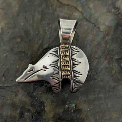 Ray Tafoya Navajo Sterling Silver & 14k Gold Heartline Bear Pendant