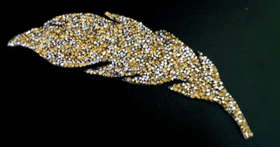 Hot Fix Strass Bügelbild Applikation Patch Feder Vollmotiv in Crystal Gold