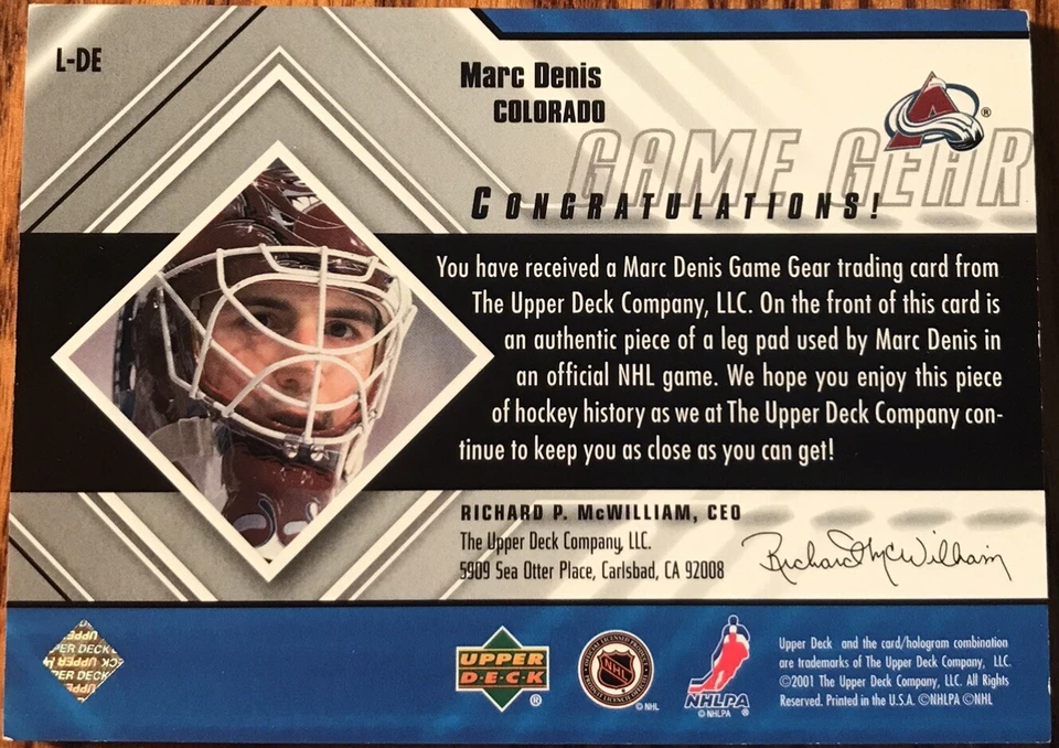 2000-01 Black Diamond Game Gear PAD Marc Denis #L-DE Colorado Avalanche - Image 2 of 2