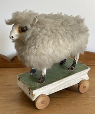 Antique 19th Century Sheep On Wheels Squeak Toy W/Sheepskin Fur German Folk Art