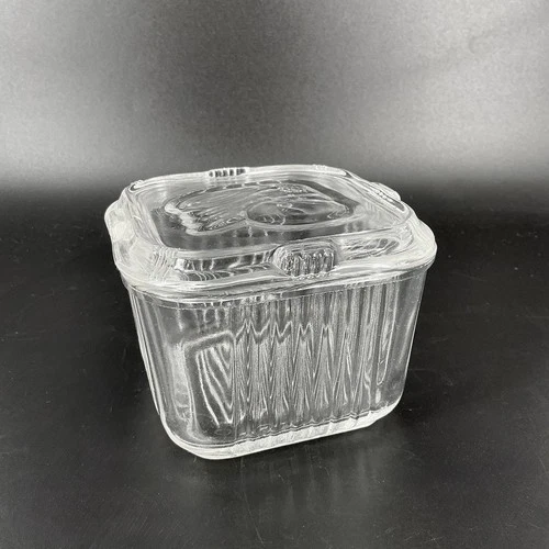 Federal Glass Refrigerator Dish Vegetables Ribbed Square Clear Vintage 4.25” 003