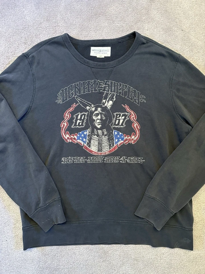 Ralph Lauren Denim & Supply Motociclista Cuello Redondo Negro Desteñido Vintage Sudadera XXL 2X Foto 2 de 4