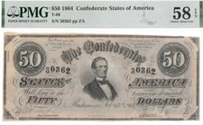 T-66 PF-12 1864 $50 Confederate States Civil War High Grade Note PMG AU58 EPQ
