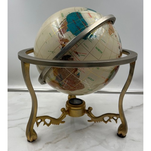 Vintage Gemstone Inlay World Globe with Gold Tone Tripod Stand and Compass