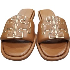 TORY BURCH Women's Double T Sport Slide Nappa Leather  Bourbon Miele/ Gold SZ 5