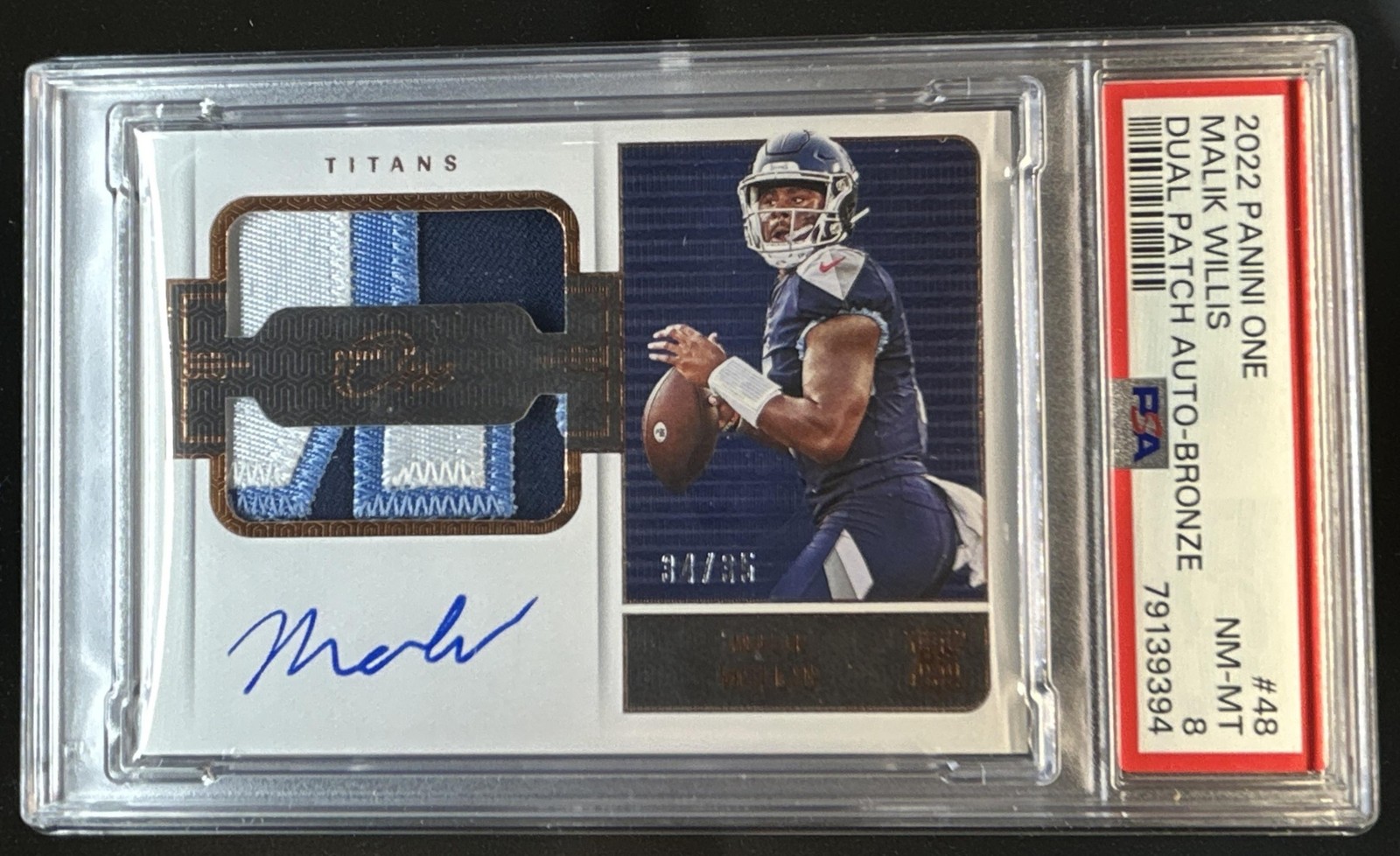 2022 Panini One Malik Willis Dual Patch Bronze Rookie Auto RC #/35 Titans PSA 8