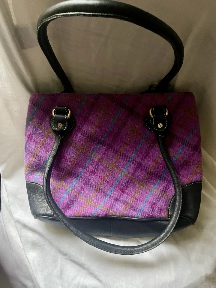 Large Harris Tweed Purple Tartan Shoulder Bag Tweed & Black Leather - Image 2 of 4