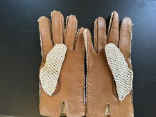 Vintage Crochet and Soft Leather Driving Gloves 7.5 Unisex Men or Women Tan