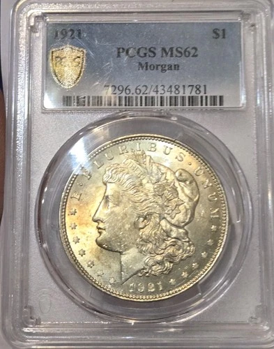 1921 MORGAN DOLLAR - 90% SILVER - PCGS MS62. Light Toning