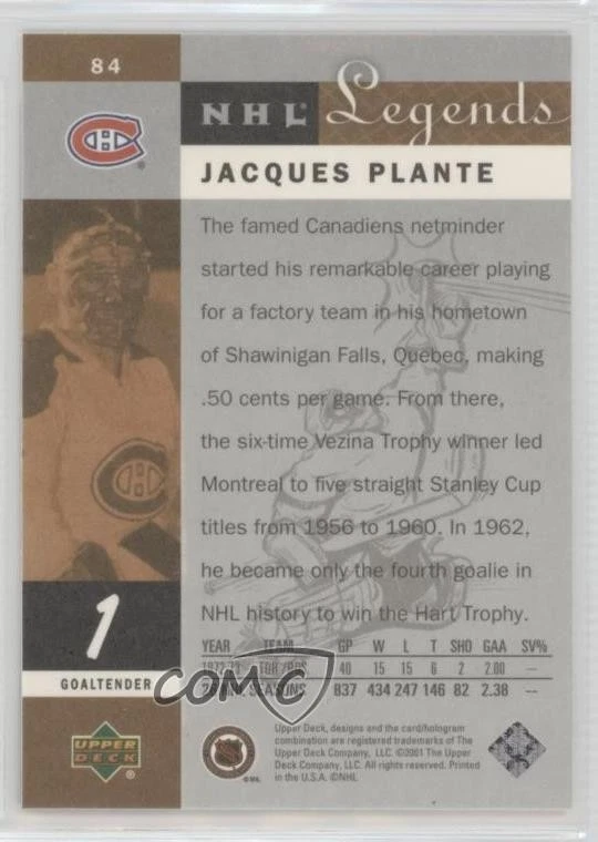 2001-02 Upper Deck Legends Jacques Plante #84 HOF - Image 2 of 2