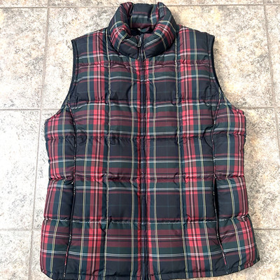 Eddie Bauer Goose Down Vest Womens Size Medium Red Plaid Puffer Zip Pockets