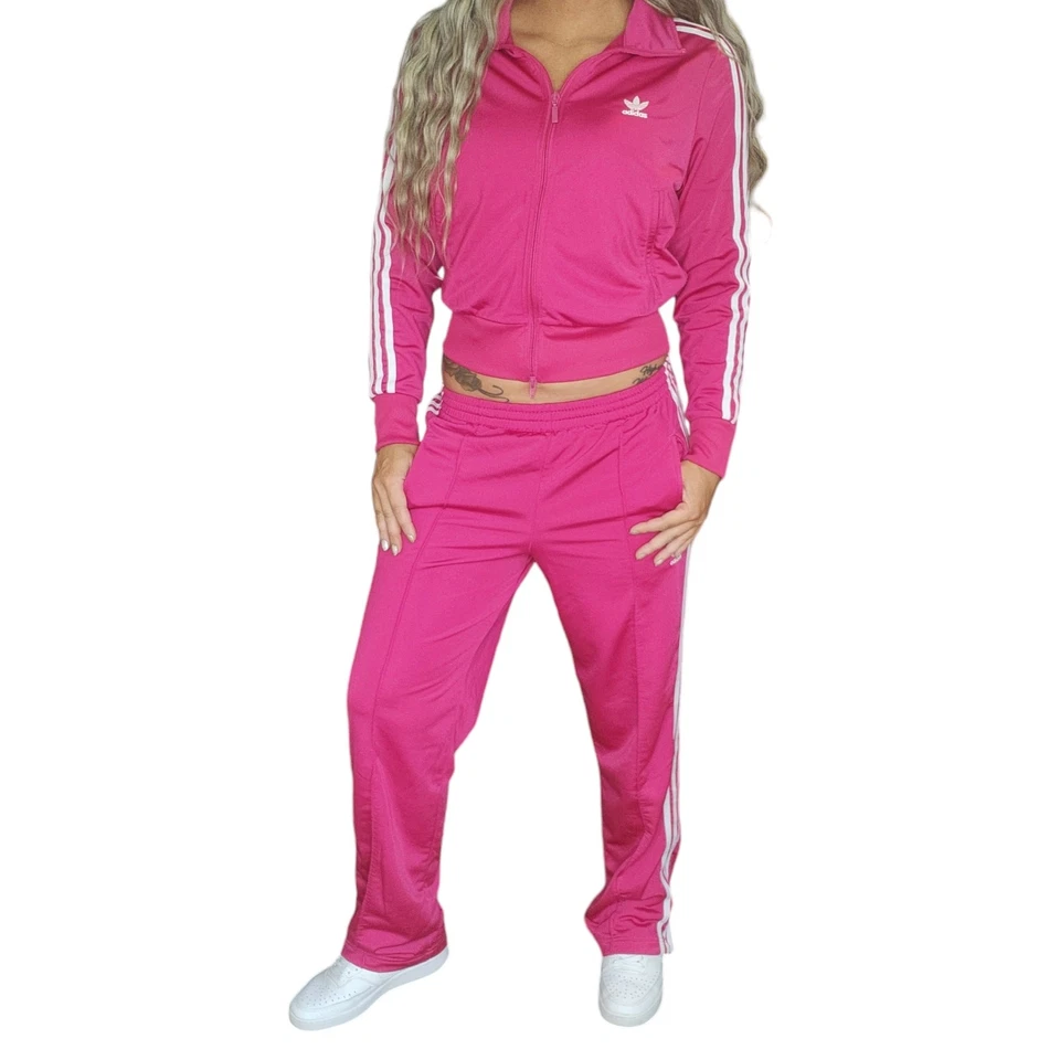 Adidas Tracksuit Womens Medium Hot Pink White Striped Full Zip Sweater Pants - Image 3 of 4