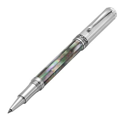 Xezo Maestro Rollerball Pen. Black Mother of Pearl, Chrome Plated. Handmade, LE