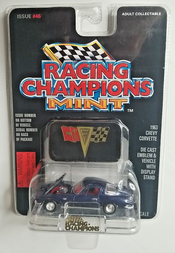 1963 Chevy Corvette Racing Champions Mint Die Cast 1:53 #46 1996 W/Stand Blue