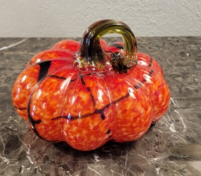 Blown Art Glass Deep Orange Speckle Pumpkin Black Spiral Accent Green Twist Stem